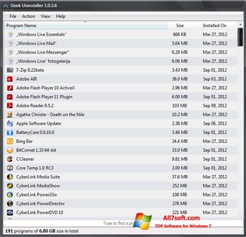 Skärmdump Geek Uninstaller för Windows 7